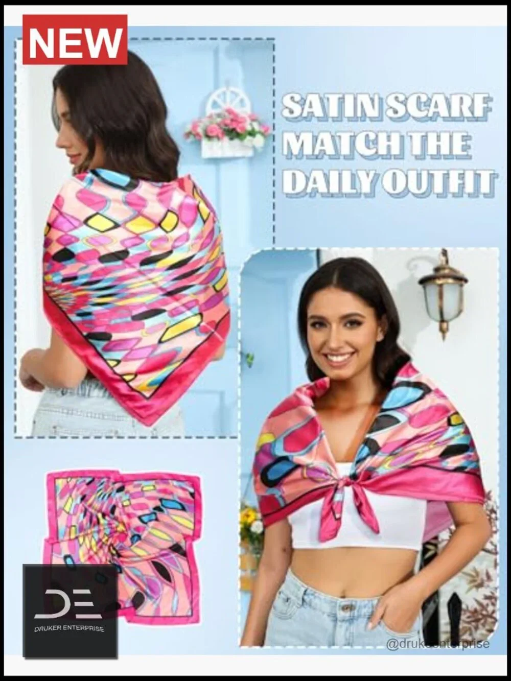 3 Pack Large Square Satin Head Scarf - Silk Feel Bandana Hair Wrap